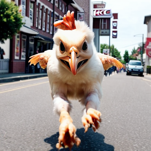 generate a photo of a peice of chicken running away terrified from kfc
