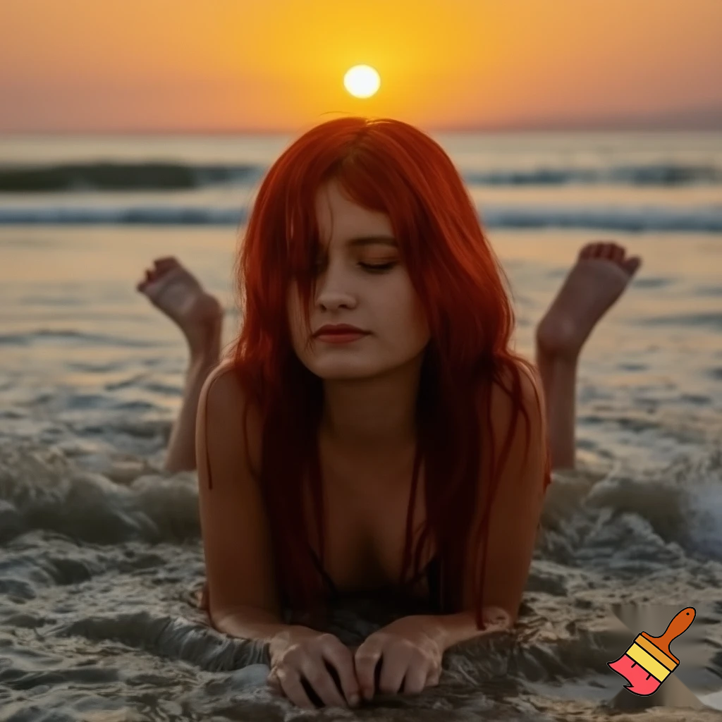 Ragazza dai capelli rossi distesa al tramonto su una spiaggia, bagnata dalle onde sul suo corpo nudo. Vista frontale, la ragazza ha le gambe aperte i capelli sono mossi 