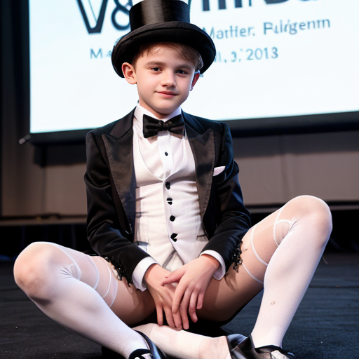 A photo shot of a 15 year old big sister in her black tuxedo jacket, top hat, rose leotard, black bow tie, white gloves, white tights, and black high heel tap shoes and her 13 year old little brother in his black tuxedo jacket, top hat, white t-shirt, black tights and black tap shoes, on stage