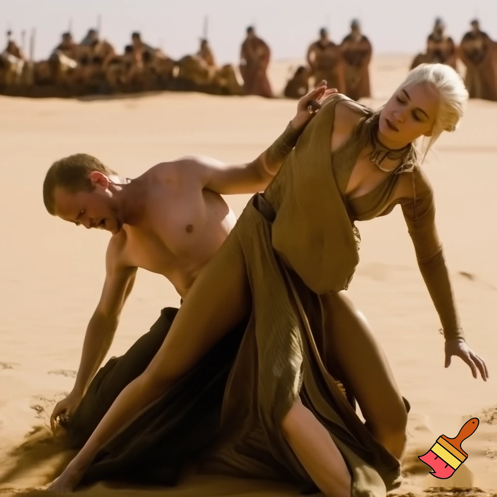 Daenerys Targaryen and Cersei Lannister wrestling in the desert , Cersei Lannister is under Daenerys and losing. Both are naked and all sweaty 
