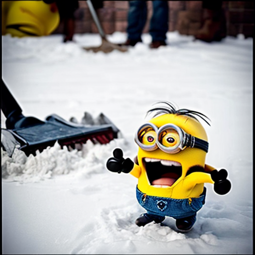 6 elmos in a circle pointing at an angry minion sitting in the middle of the elmos. Outside in the snow. A group of minions with shovels are coming in the background to save the minion.