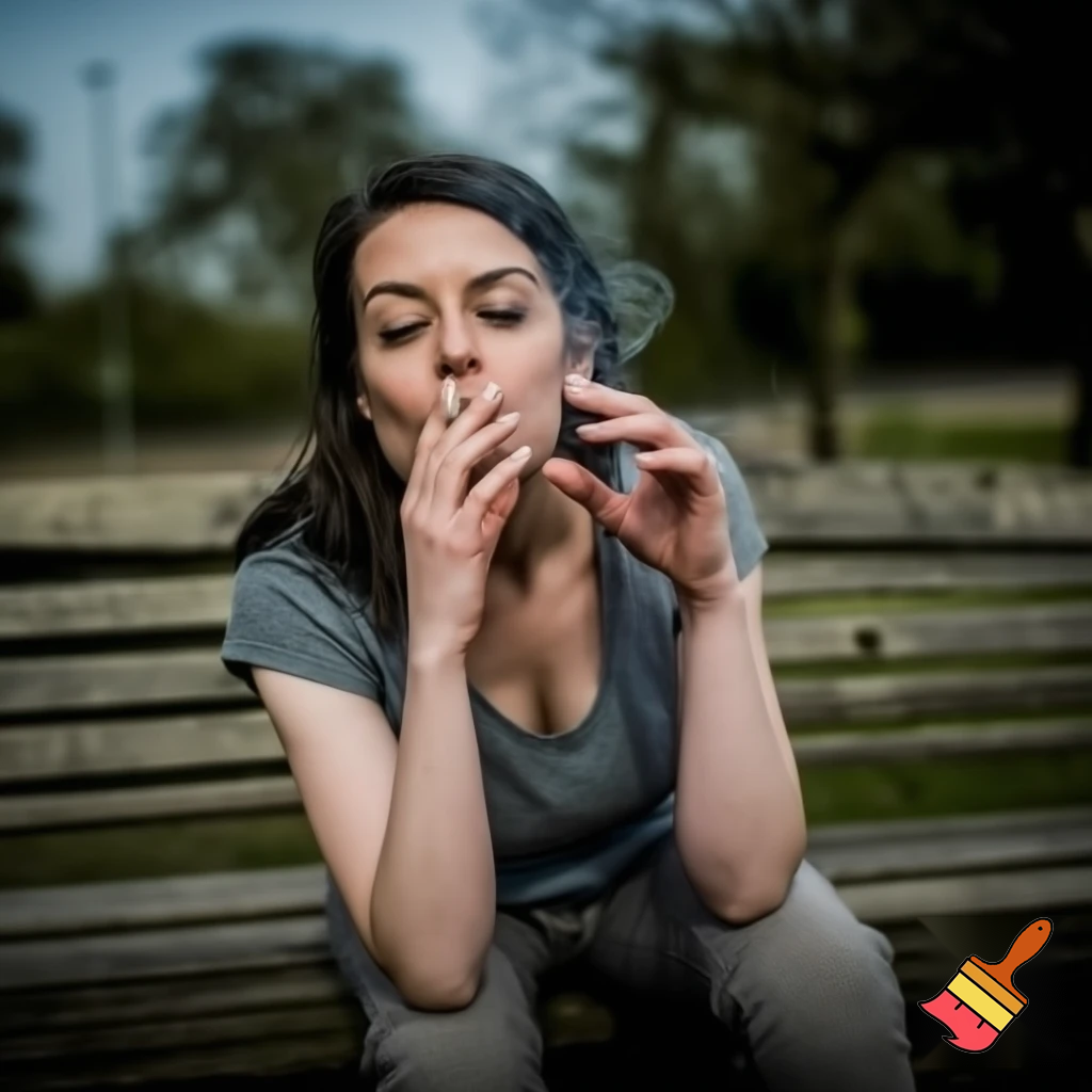 a 26 year british girl sitting on park bench smoking