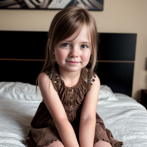 auburn little girl, brown eyed, sitting on bed, on the bedroom, close up