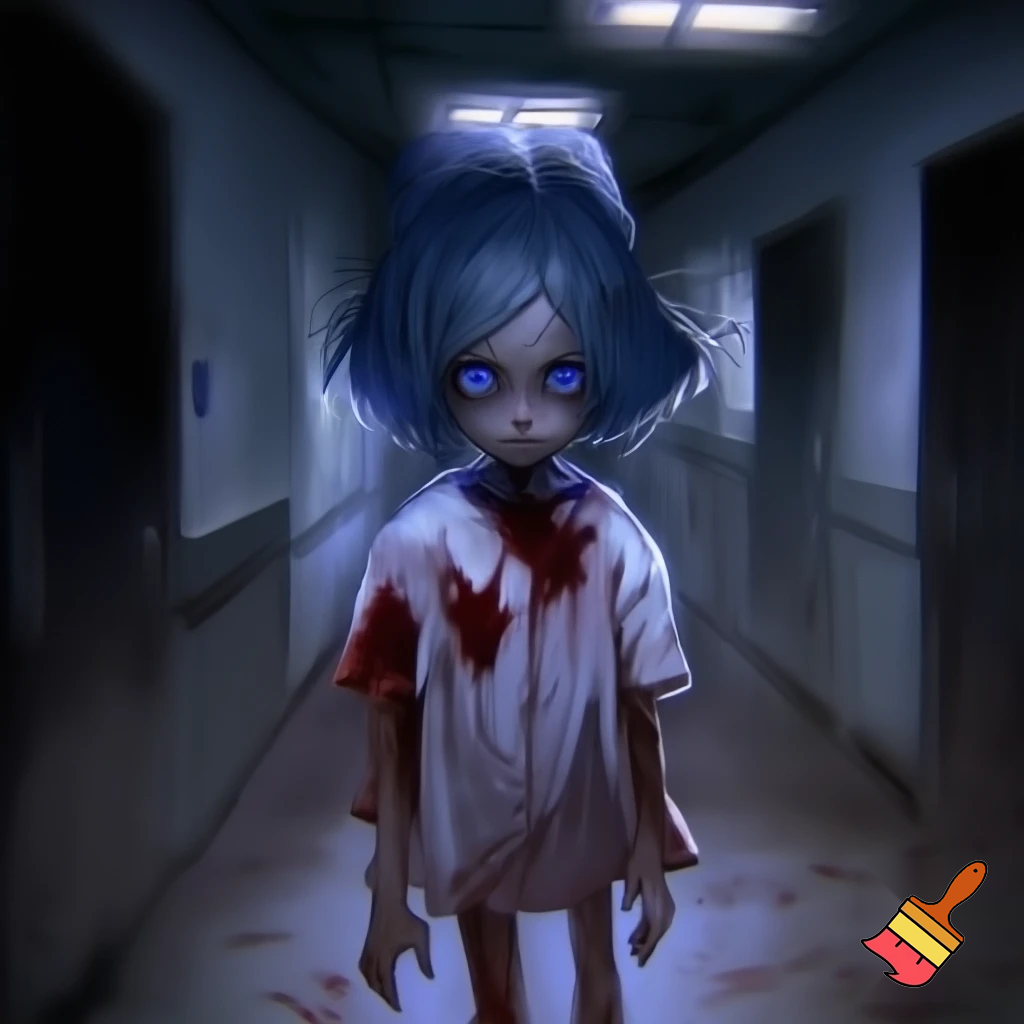 A girl with short blue hair and glowing blue eyes wearing a bloody hospital gown
