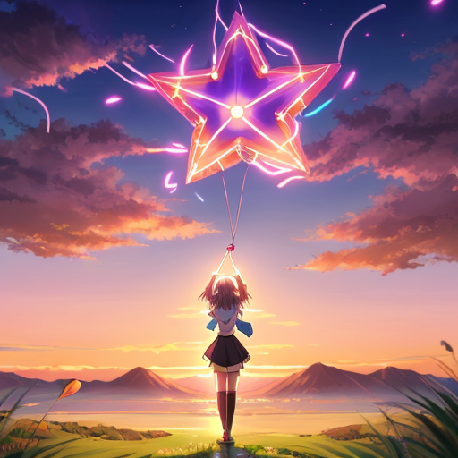 Portrait A sunset with a Jewish star in the middle glowing, a cat with tree legs and no tail sits on it. While a girl stands in the middle holding a balloon