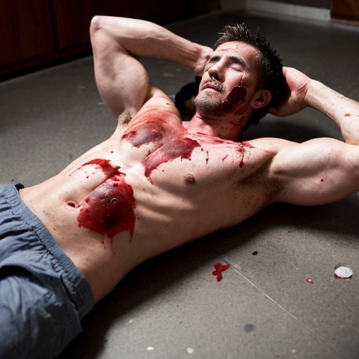 shirtless random man (neighbor, not everyone has 6 pack.), face are hiding by shirt, died already, chest are open wounded circle, blood everywhere, eye closed, floor (on random place like empty place) on corpse body.