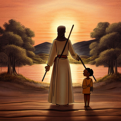 Animated scene of Suliemen Ata handing the child to the mother, standing tall with wooden staff, sunset golden light, serene and symbolic atmosphere, village in the background, warm colors, justice and wisdom symbolized, hand-drawn animation style, cinematic composition, highly detailed
