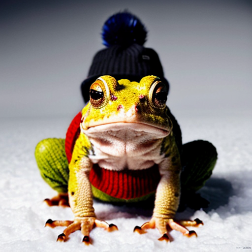 A laughable, puzzled animal toad in woolen, multicoloured winter clothings with woolen winter cap. Hyperrealistic art style.