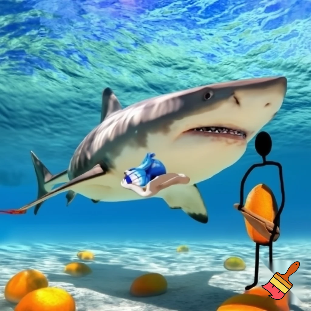 make me a shark with blue shoes and make him by the ocean, while he has 67 mangos and a stick guy holding a wooden bat is with him