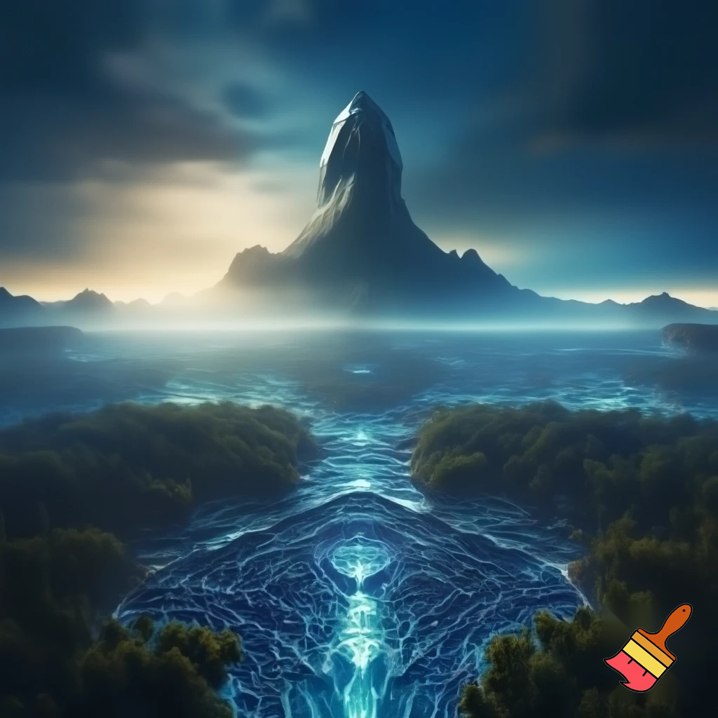 Epic panoramic alien world at dawn — impossibly symmetrical forests, bioluminescent oceans like circuitry, fractal tectonic ridges, a mountain crowned with a hidden metallic cradle/temple, subtle mist, cinematic wide-angle, ultra-detailed sci-fi concept art, dramatic volumetric light shafts, high detail, 8k.