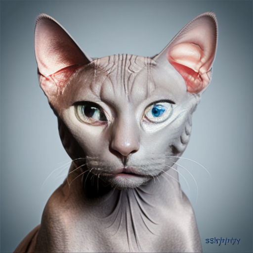 Realistic Light grey Sphynx cat with light blue eyes against a cool background. Square image 