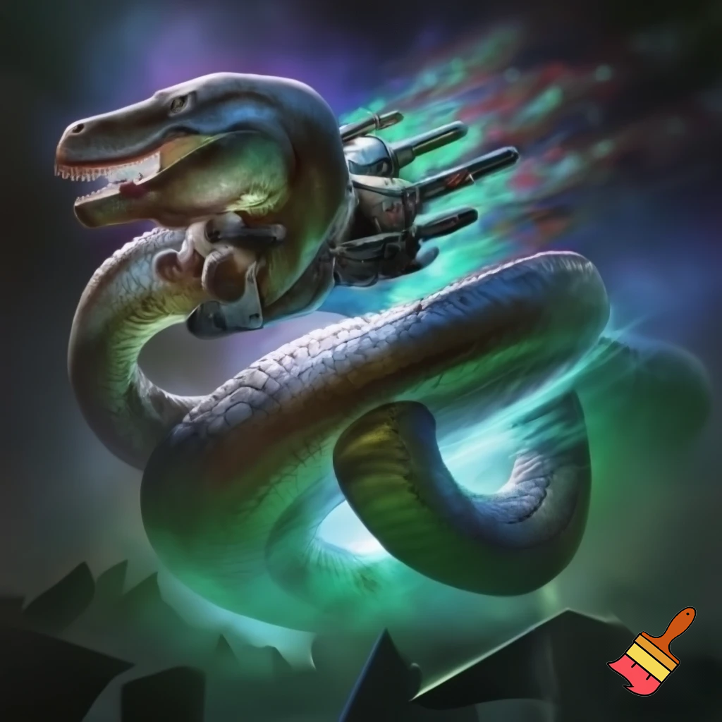 A snake with t-Rex arms and legs that has a jetpack