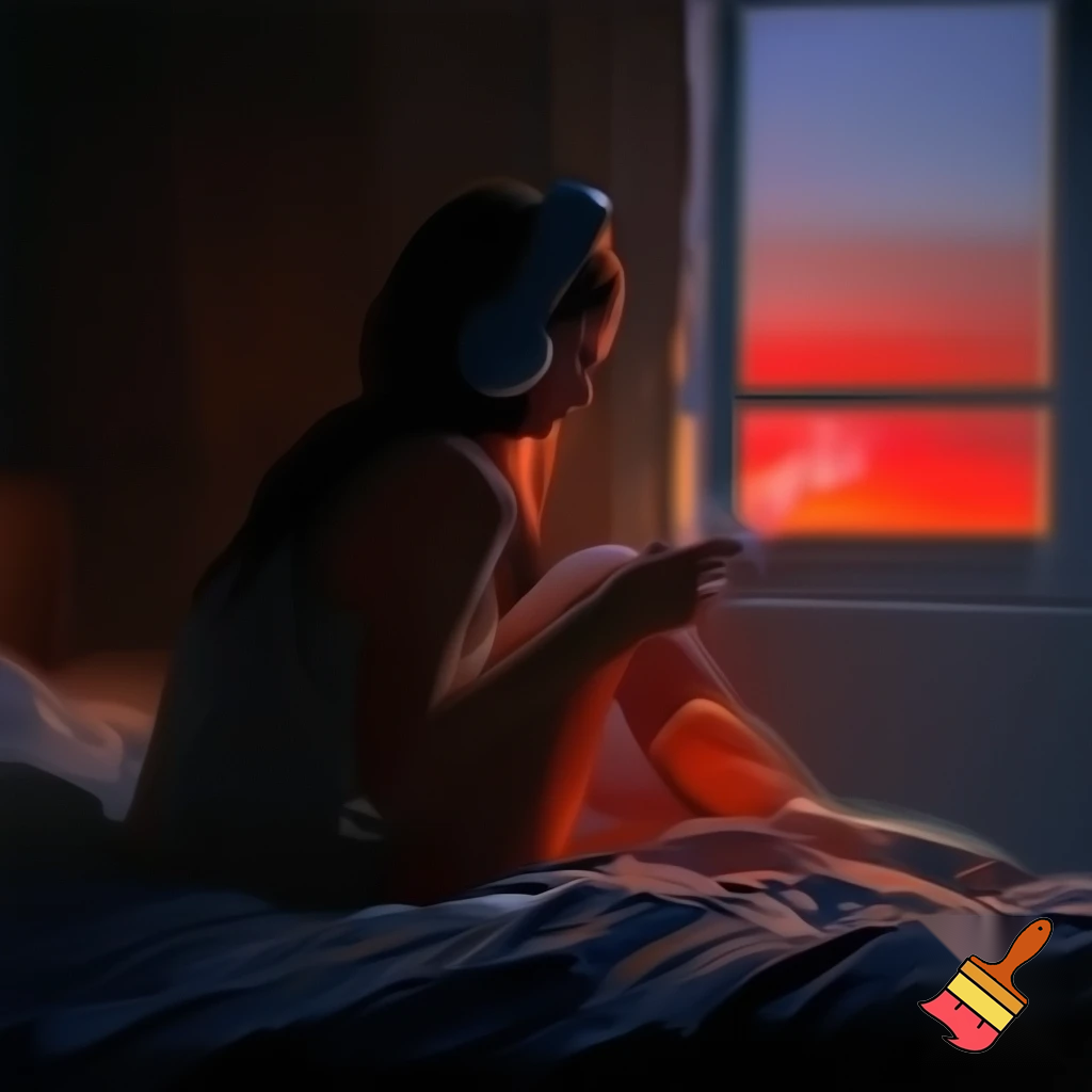 a young woman with headphones, sitting on her bed in a dimly lit room, facing the window and looking outside at the red sunset sky, her face turned toward the light of the sunset, holding a small object that gives off a faint smoke trail, warm cinematic lighting illuminating her silhouette, soft shadows, realistic atmosphere, cozy and melancholic mood, ultra-realistic detailed digital painting, depth of field, soft focus on her profile