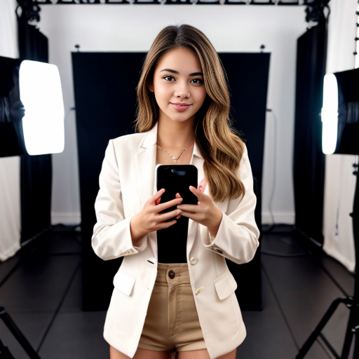 A spoiled very beautiful girl with blonde hair a white blazer and an expensive phone in her hand. She is in a fancy studio with cameras around her