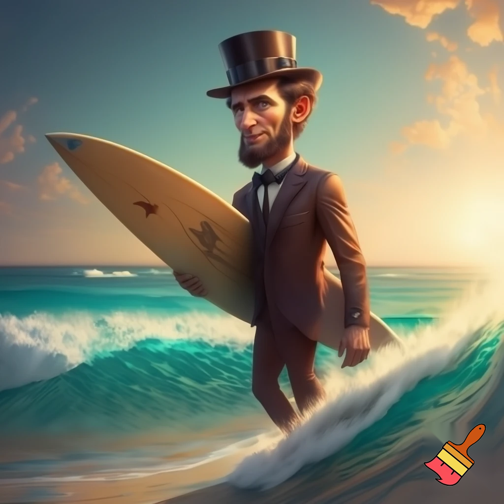 Abraham Lincoln on a surf board