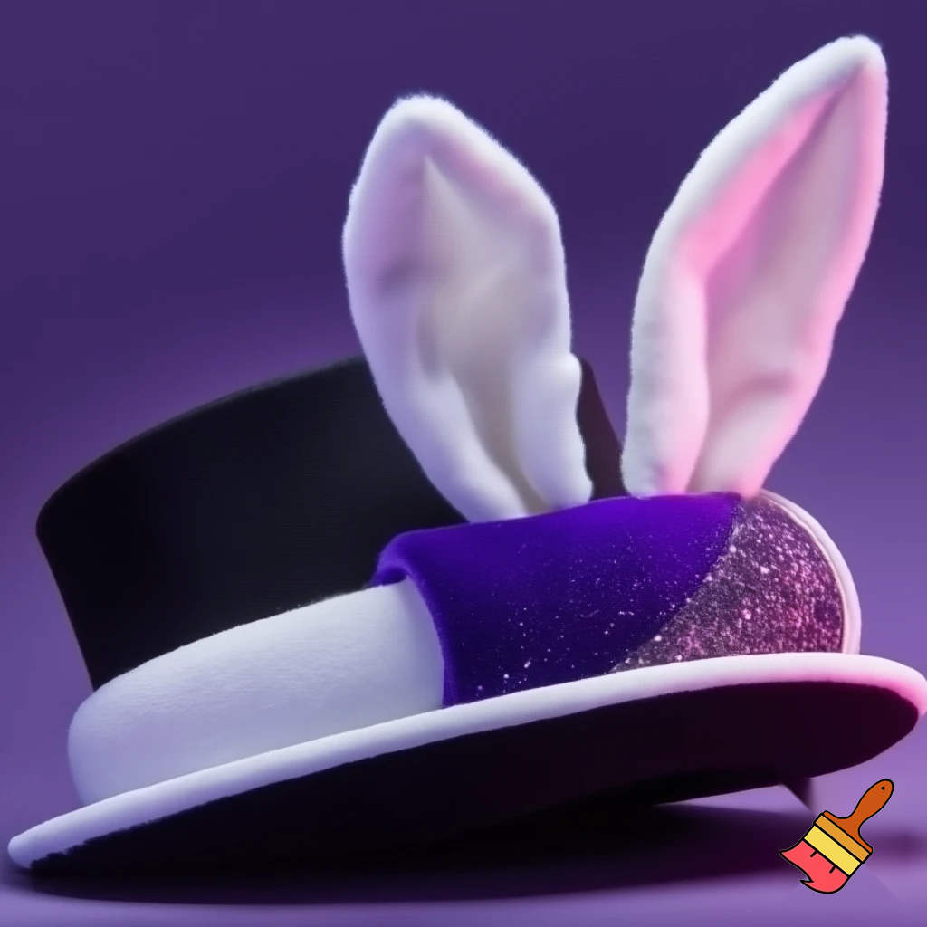 Black top hat with bunny ears velvet white and purple purple and white headband fabric and velvet glitter, purple and pink