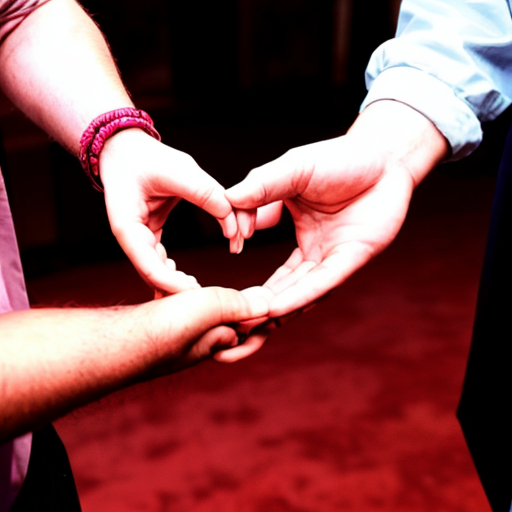 A Muslim, a Christian, and a Jew holding hands with hearts in the background 