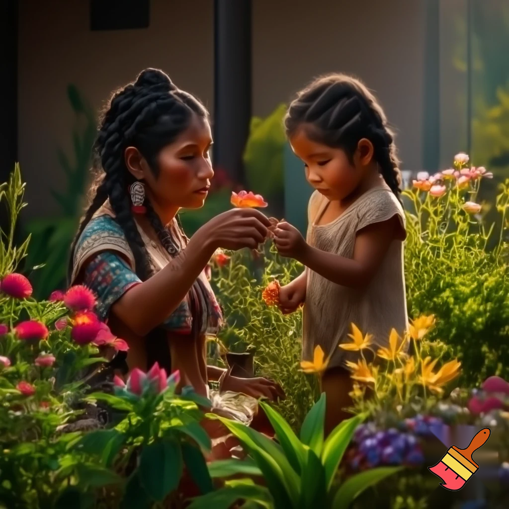 Anient Aztec mother and daughter picking flowers from a garden