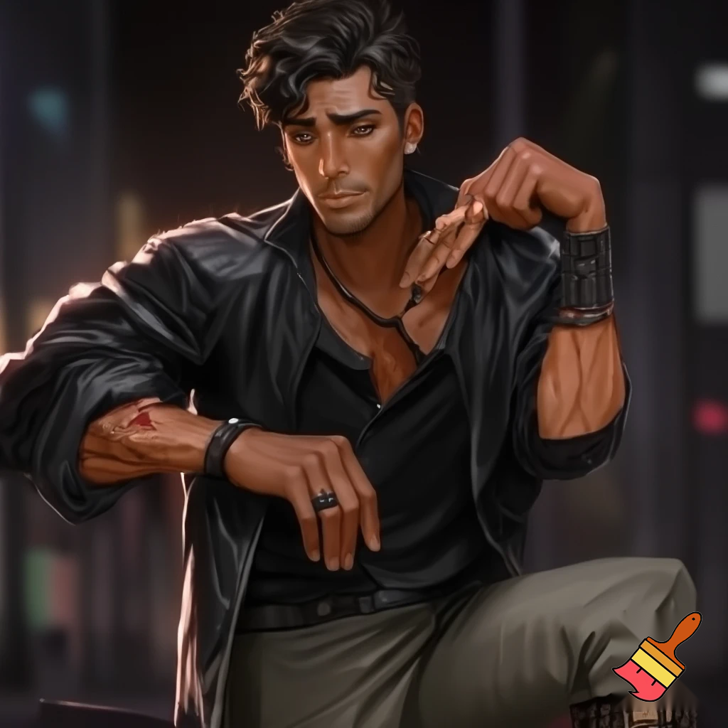 Generate an image of a tall, scrawny man with radiant, polished wood-toned skin. He has curly black coffee hair, styled slightly messy, and sharp, masculine features. His expression is gentle and thoughtful, hinting at inner turmoil.

He wears a black leather windbreaker over a slightly unbuttoned black cotton dress shirt, tailored pleated chinos, and lace-up combat boots. Accessories include silver stud earrings, a silver ring with a red dragon's eye, a black ring with rose gold star shapes, an onyx and lava rock necklace, and a studded bracelet. His shirt sleeves are rolled up, displaying vascular forearms. Set him against an urban backdrop.