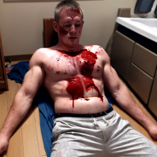 shirtless random man (neighbor, not everyone has 6 pack.), face are hiding by shirt, died already, chest are open wounded circle in random man, blood everywhere, eye closed, floor on corpse body, not pant less.