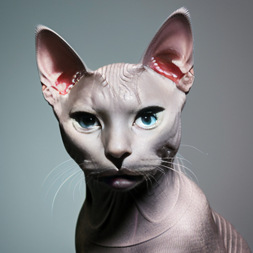 Realistic Light grey Sphynx cat with light blue eyes against a cool background. Square image 