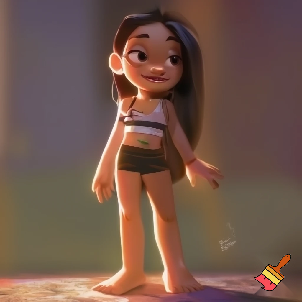 A 13 yar old girl that has a crop top braces and is barefoot