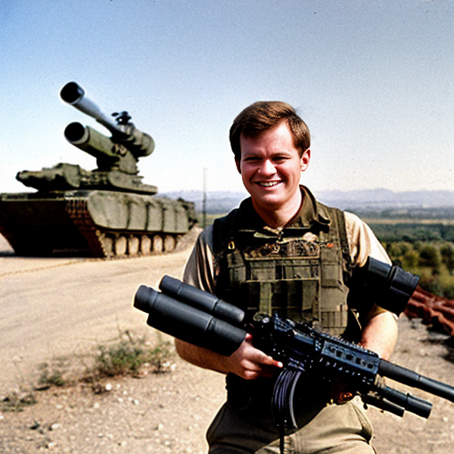 garfield smiling with angry eyes standing in front of a usa background firing a machine gun with tripod.