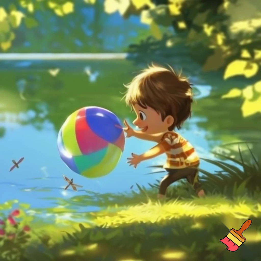 a small boy playing with a ball near a pond
