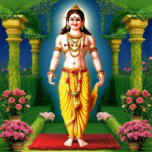 lord Krishna standing in garden with floot and sudharshana Chakra and smiling
