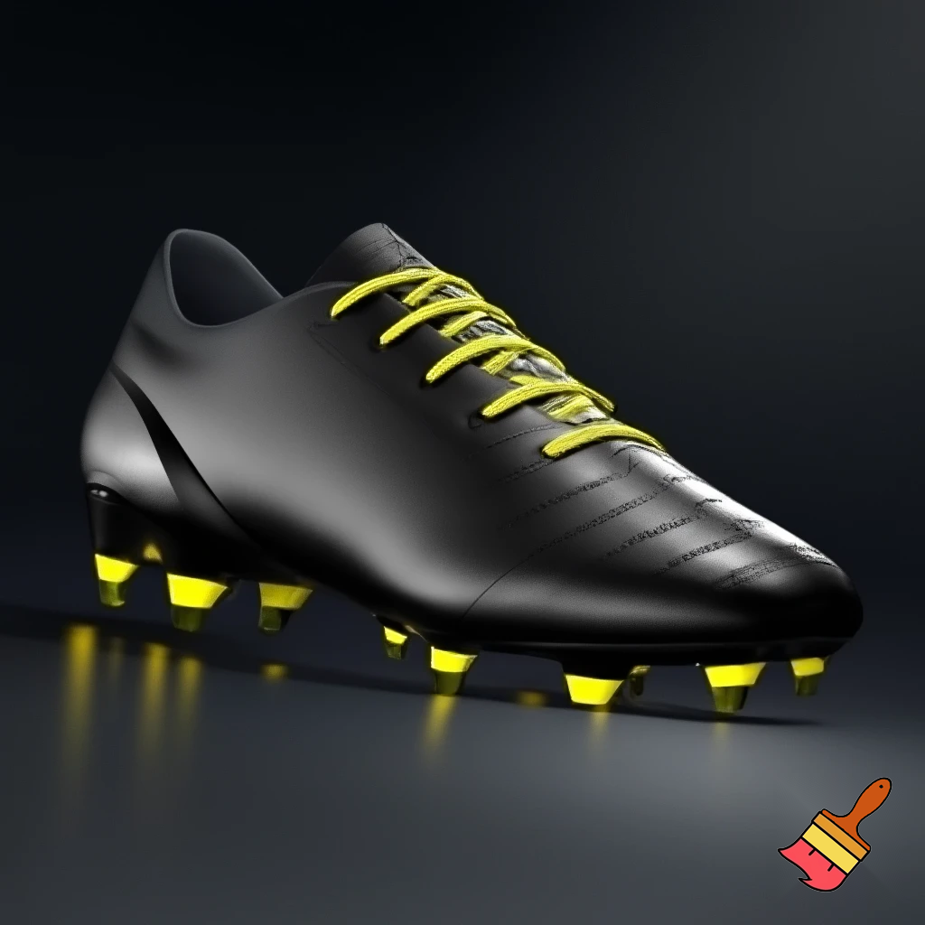 a plain black soccer boot with yellow studs with yellow shoelaces