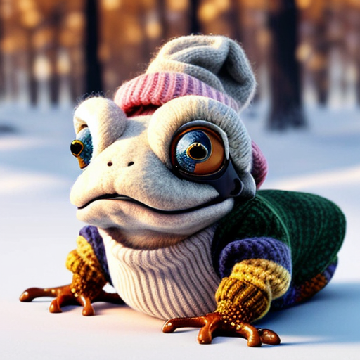 A laughable, puzzled animal toad in woolen, multicoloured winter clothings with woolen winter cap. Hyperrealistic art style.