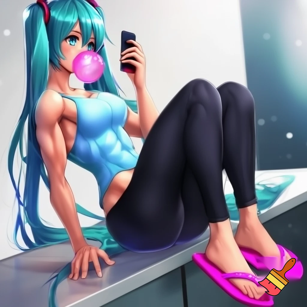 Hatsune miku with a six pack and muscular Wearing a light blue tank top, black cropped leggings, and pink havaianas flip flops leaning on counter while looking at her phone and blowing a piece of bubble gum