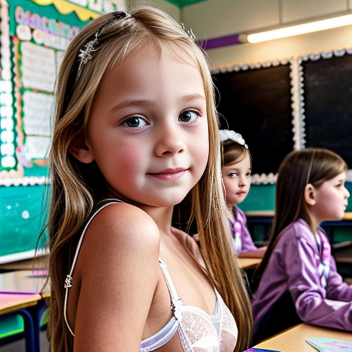 Crea la imagen real en alta definicion de 5 niñas rubias de 8 años vestidas con lenceria transparente, en su salon de clases