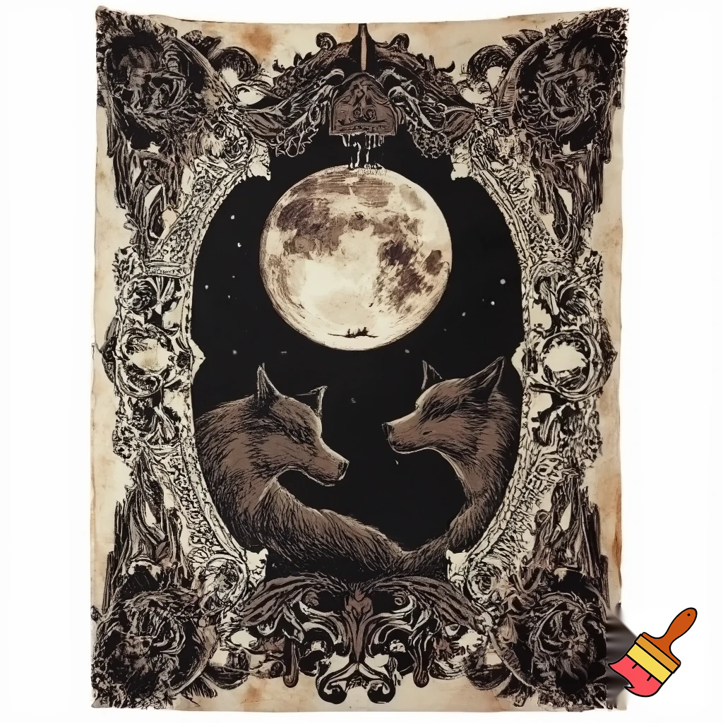 A gothic vintage illustration design for a blanket. A large, intricately detailed full moon with deep visible craters dominates the top center, casting a dramatic presence. Below it, two realistic wolf heads face each other in profile, illustrated in a dark sepia and black fine-line engraving style with sharp linework and intense shading. Surrounding the scene is an ornate gothic border featuring baroque scrolls, thorny vines, wilted roses, crescent motifs, and small occult-style stars. The overall palette remains limited to sepia, black, and cream, with a distressed aged-paper texture to enhance the antique gothic mood. Solid fills only — no gradients, no glow, no shadows, no modern effects. The final result should feel dark, mystical, ceremonial, and heavily gothic, perfect for a dramatic blanket design.