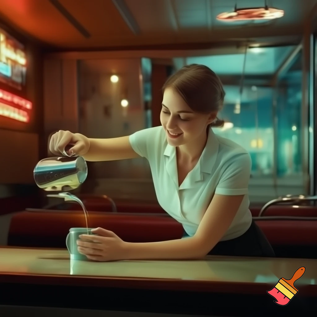 A small roadside diner. A beautiful waitress leans over to pour coffee into a customer's cup at a table. The waitress smiles. Photorealistic. 9x16