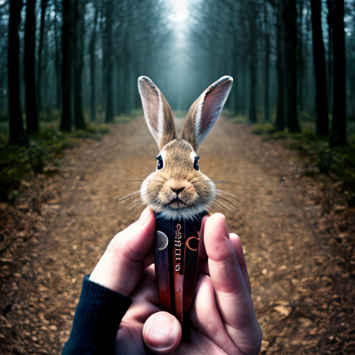European rabbit, holding knife, dark forest, evil,