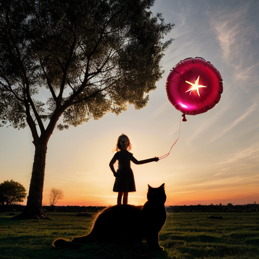 Portrait A sunset with a Jewish star in the middle glowing, a cat with tree legs and no tail sits on it. While a girl stands in the middle holding a balloon