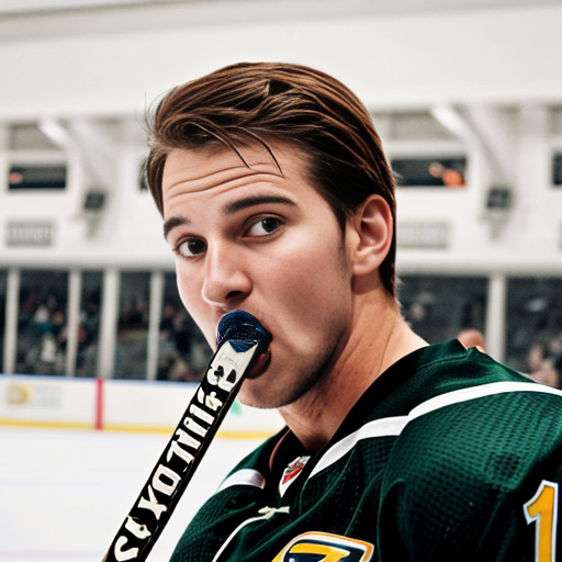 hawk with a hockey stick in his mouth