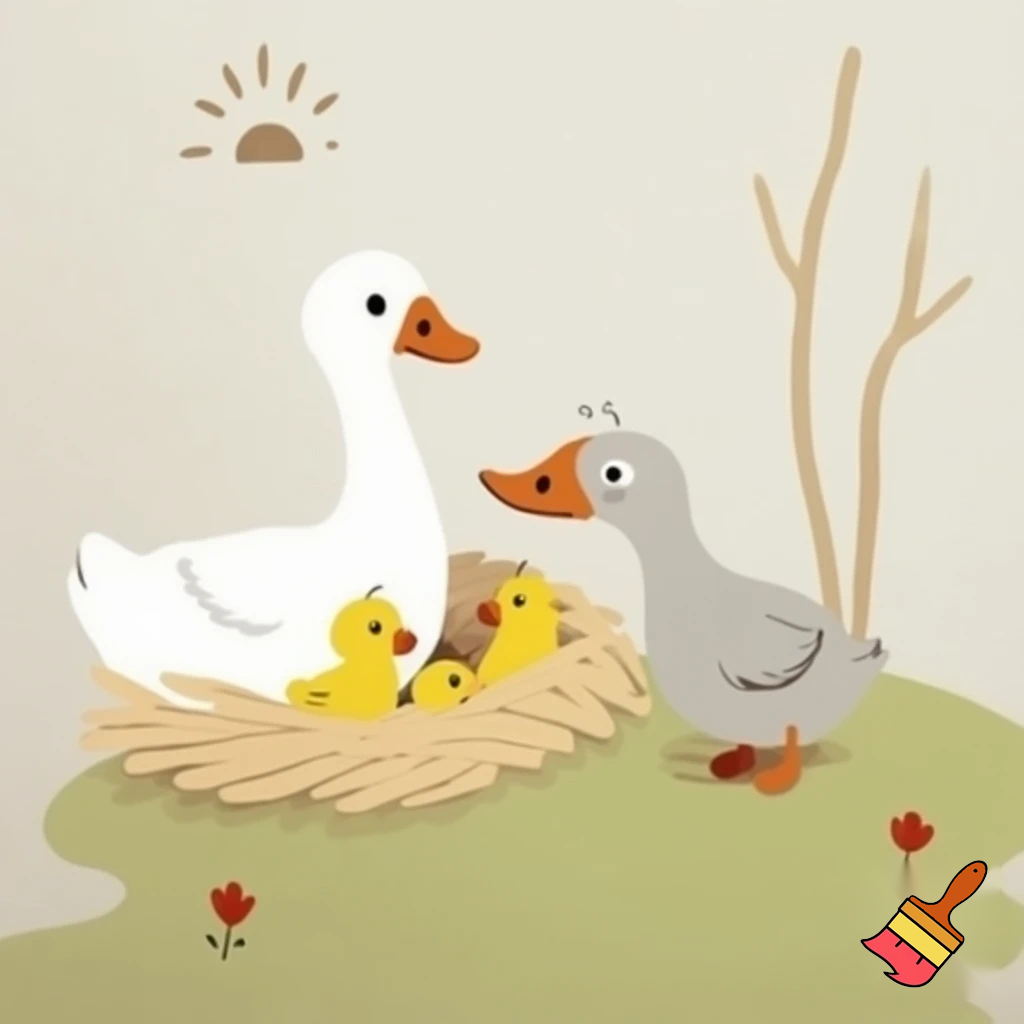 “A different chick is born in the nest.”


Background:

Slightly curved grassy ground (with small hillock shapes on top)

At the back, 2 short, leafless thin tree branches or reeds (not too complex, just to complete the scene)


Center section (focus point):

A slightly oval nest

Nest edges: Minimal straw effect consisting of 6–7 regular lines

4 chicks inside the nest:

3 small ducklings → yellow, round-edged, sweet little characters

1 large duckling → light gray, larger, slightly long-necked, with a bigger head



Character Details (Simple but meaningful)

Mother duck:

On the left, looking at the nest

Medium-sized body, minimal single-line wings

Eye → single black dot

Beak → triangular, very little detail

Slightly bent neck → conveys a feeling of “love and surprise” but is not difficult to draw


Ducklings:

The small ones →

Round head

Small oval body

Tiny triangular beak

Two are looking at the mother, one is looking at the big duckling (meaningful fictional scene)

Big chick →

Body and head 35% larger

Neck slightly longer

Facial expression → slightly surprised and sad but simple
Nest → Light/medium brown (single tone)

Grass → Light green (no shadows)

Small chicks → Yellow

Large chick → Light gray or pale beige

Mother duck → White + orange beak

Tree/reed → Light brown single color
A distant, small sun above the nest (half circle + 5 short rays)
2 small flowers in the grass (red or pink; simple drawing with only 5 leaves)