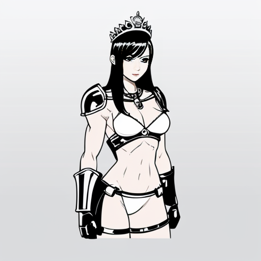 cute anime girl, huge muscles, she is a knight, she wears metal gauntlets, metal greaves and shoulder pads, she has a breastplate, her defined abs are exposed as well her upper arms, she has a tiara that has crown features

