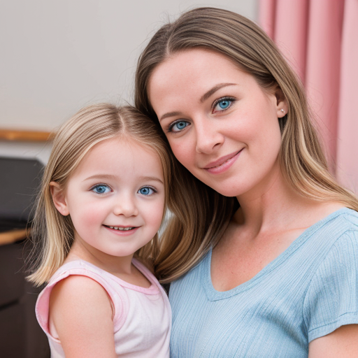 create a family photo of a 27 year old mother with dark blonde hair with blue eyes and her 2 year old daughter with blonde hair with blue eyes in pink at a house