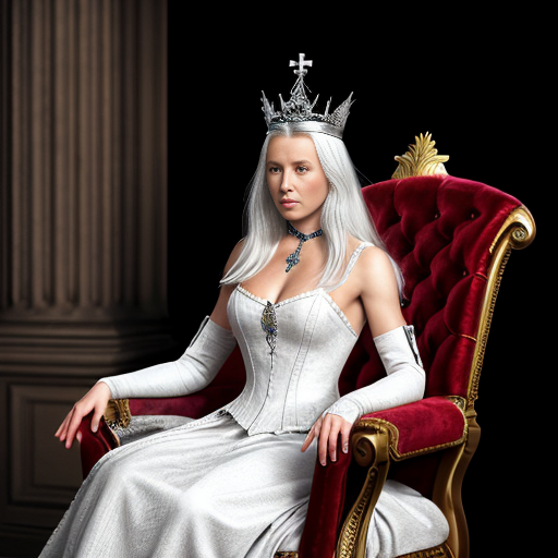 Tall, white-haired Queen of Poland in armor sitting on a throne