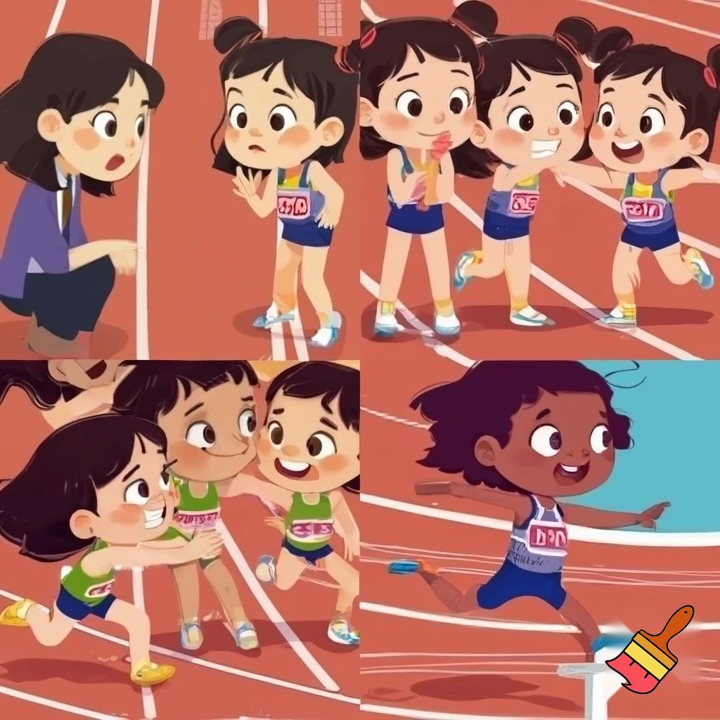 create a photo sequence (4 photos) in order. photo 1, a girl student is told by her teacher that she will compete in the schools 100 meter race. photo 2, the girl student is very nervous. photo 3, the girl gets encouragement from her classmates that she can do well in the 100 meter competition. photo 4, the girl competes and wins the 100 meter race.