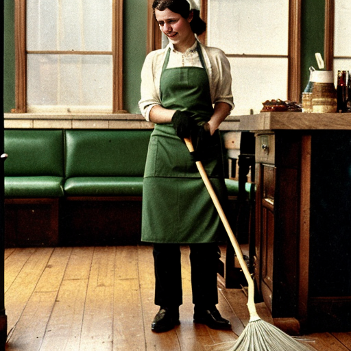 Una cameriera vestita di verde che spazza a terra, con un grembiule ed un foulard intorno ai capelli. Stile 1900