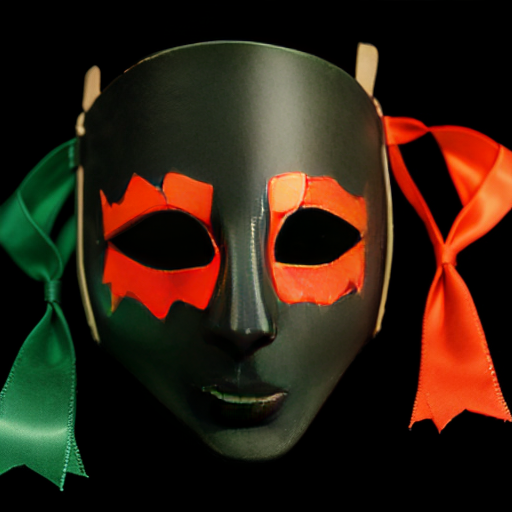 black background half of a broken green-orange comedy mask, green and orange ribbons behind that mask and a number 3 beside it