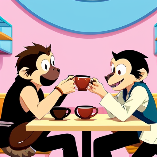 monkeys in a cafe having a fight over a cup of tea
