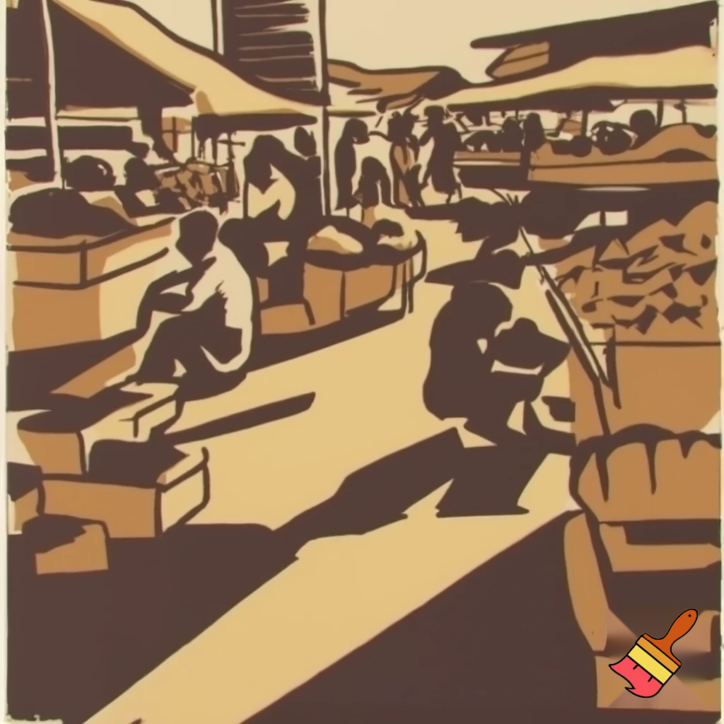 crea immagine di un mercato di alimentari con banchi e persone per stampa linoleografica, formato a4 paesaggio, dettaglio basso