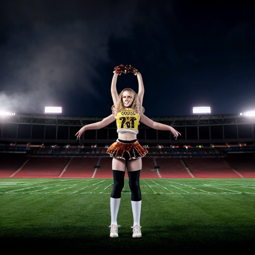 
High school stadium at night, flickering lights casting long shadows. A tall blonde vampire cheerleader with pale skin and glowing red eyes stands at the center, casting a powerful golden mist spell. Every female student around her is affected: their skin is pale and lifeless, their eyes glowing gold, their expressions vacant and dead. Their clothing has magically transformed into tattered cheerleader outfits combined with battered copper armor.
From graves surrounding the stadium, more female figures rise, equally pale and dead-looking, drawn by the vampire’s magic. They wear similar cheerleader-copper armor hybrids and join the crowd in obedient formation. Golden magical symbols swirl around the vampire’s hands, glowing mist fills the air, and dramatic shadows stretch across the stadium. The atmosphere is dark, supernatural, and cinematic, emphasizing undead obedience, magical power, and eerie, lifeless horror.