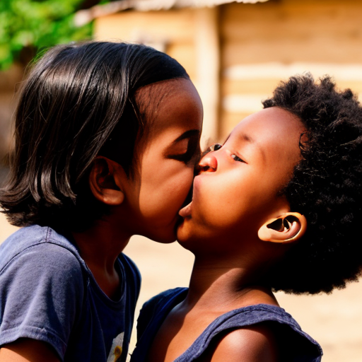 An african kid French kissing a friend chicken