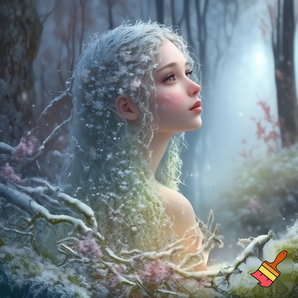 Девушка зима плавно растворяется и переходит в весну, природа фэнтези, сказочно, волшебно

